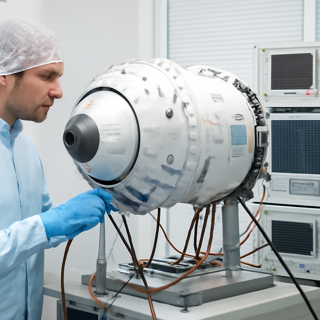 Techniker an einem Prüfstand, das ESM‑Modell angeschlossen an Messgeräte und Kabel