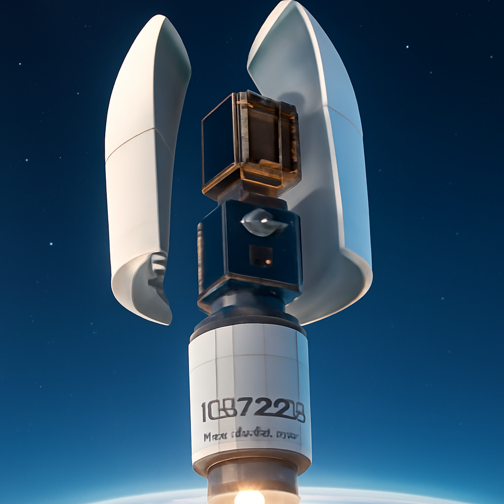 Illustration einer Raketenmission mit zwei Satelliten in einer Nutzlastverkleidung, beschriftet mit "Isispace" und "Infinite Orbits"