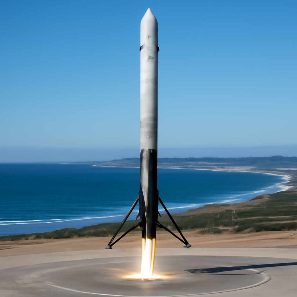 Eine Falcon‑9‑Erststufe landet senkrecht auf einem Bodenpad; die ausgefahrenen Landebeine sind sichtbar, im Hintergrund die Küstenlinie von Kalifornien.