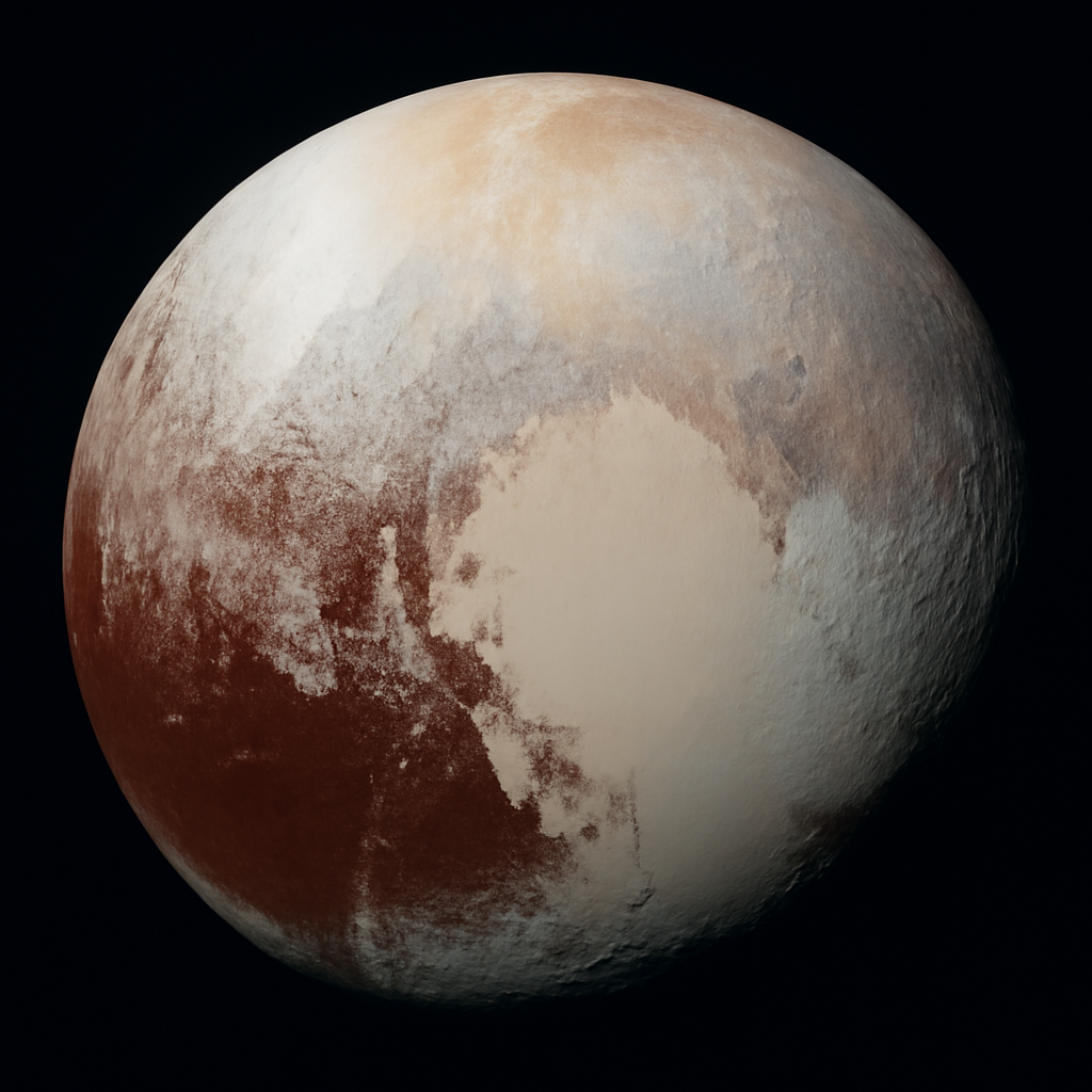 Nahaufnahme des Zwergplaneten Pluto aus der New‑Horizons‑Mission mit rötlich‑heller Oberfläche und sichtbarer Textur