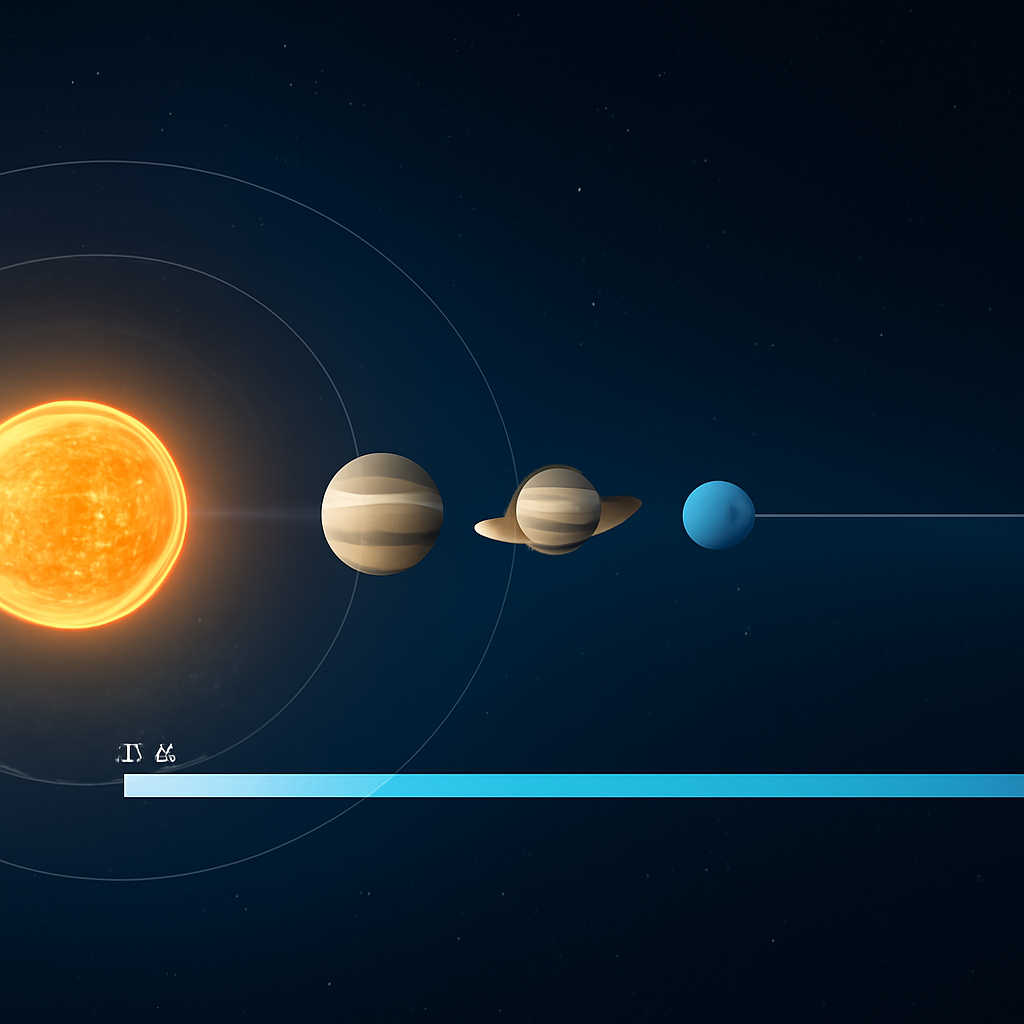 Grafik mit Maßstab: 1 AE (Erde–Sonne), Bahnen der äußeren Planeten und die Länge eines Lichttags als langer Balken
