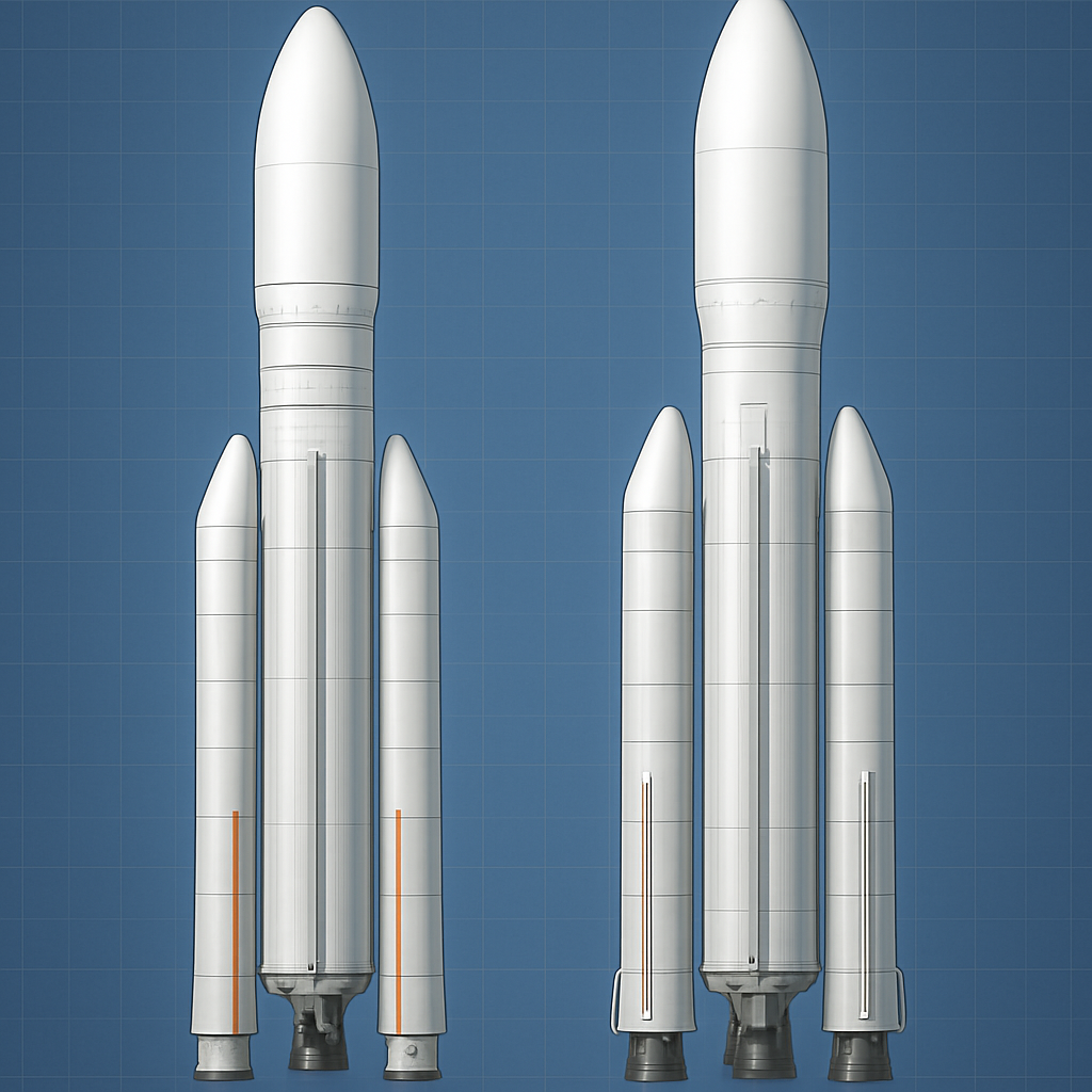Grafik der Ariane‑6 in den beiden Konfigurationen (62 vs. 64), seitliche Booster markiert, maßstabsgetreue Skizze mit Beschriftungen