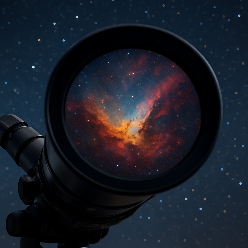 Blick durch das Teleskop auf einen Emissionsnebel, farbliche Unterschiede sichtbar