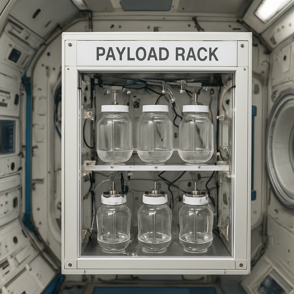 Fotomontage: ein Experimentenfach (Nutzlast-Rack) mit Glasbehältern und Sensoren, beschriftet ‚Payload Rack‘, gezeigt in einer Modul‑Interior‑Ansicht.