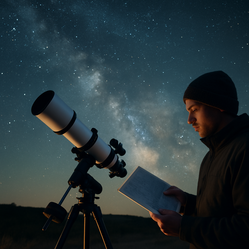 Weitfeld-Deep-Sky-Szene mit kleinem Teleskop im Nachtlicht