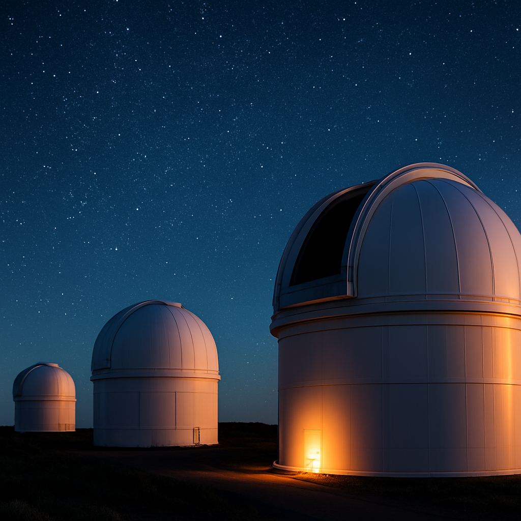 Observatory domes lit up under a clear night sky, symbolizing wide-field transient surveys