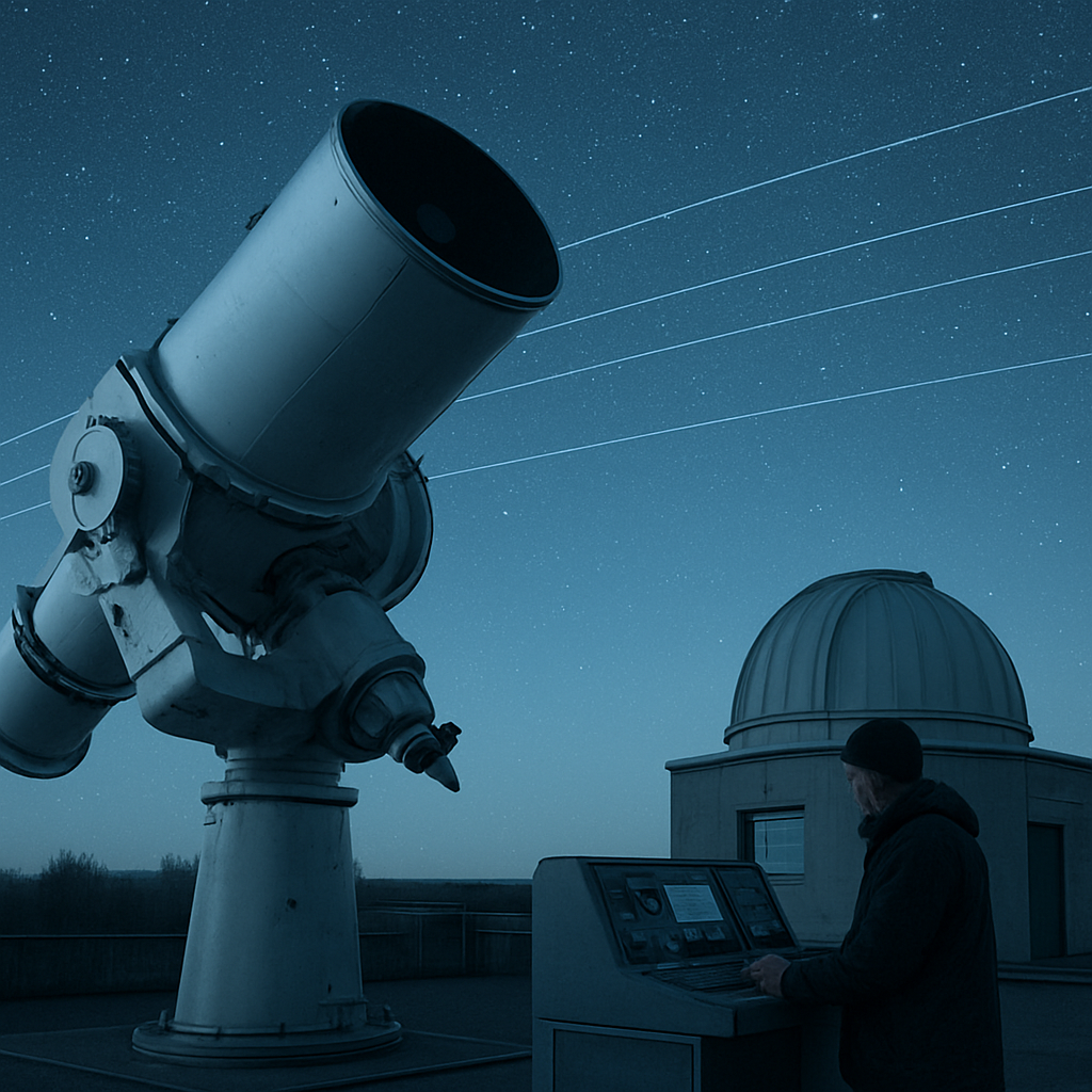 Satellitenbahnen ziehen über deutsche Sternwarte in der Nacht