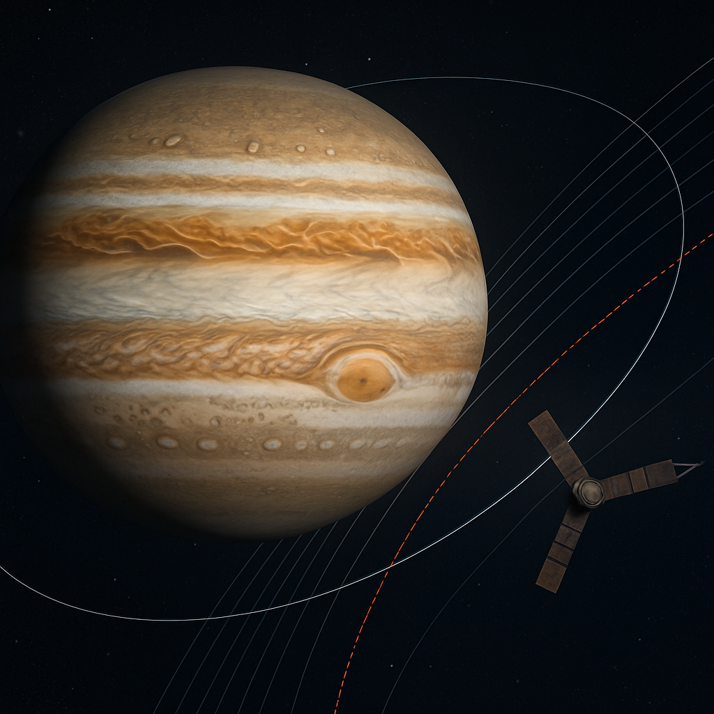 Jupiter_Messen_2026: Juno-Geschwindigkeitstrajektorie und Gravitationsfeldmessungen