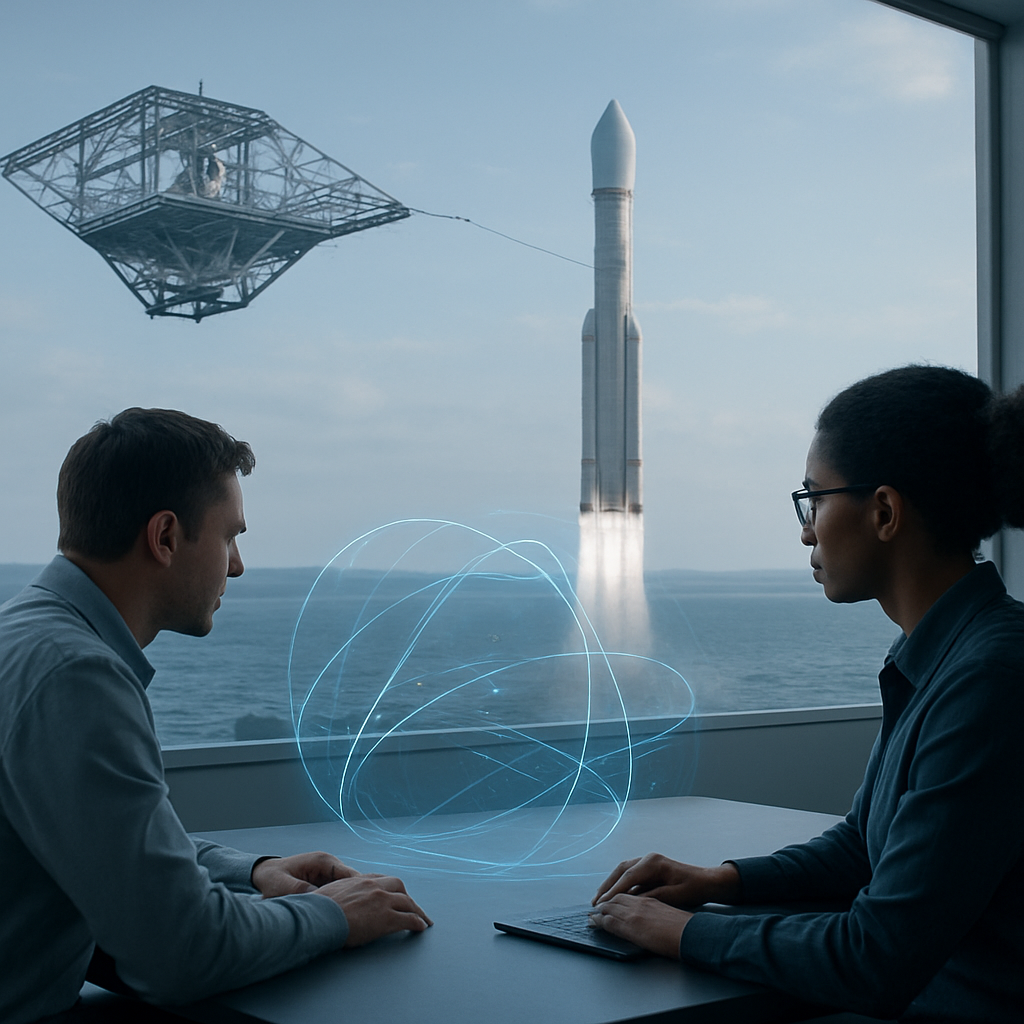 Offshore-Startplattform mit Alpha-Rakete im Startmodus
