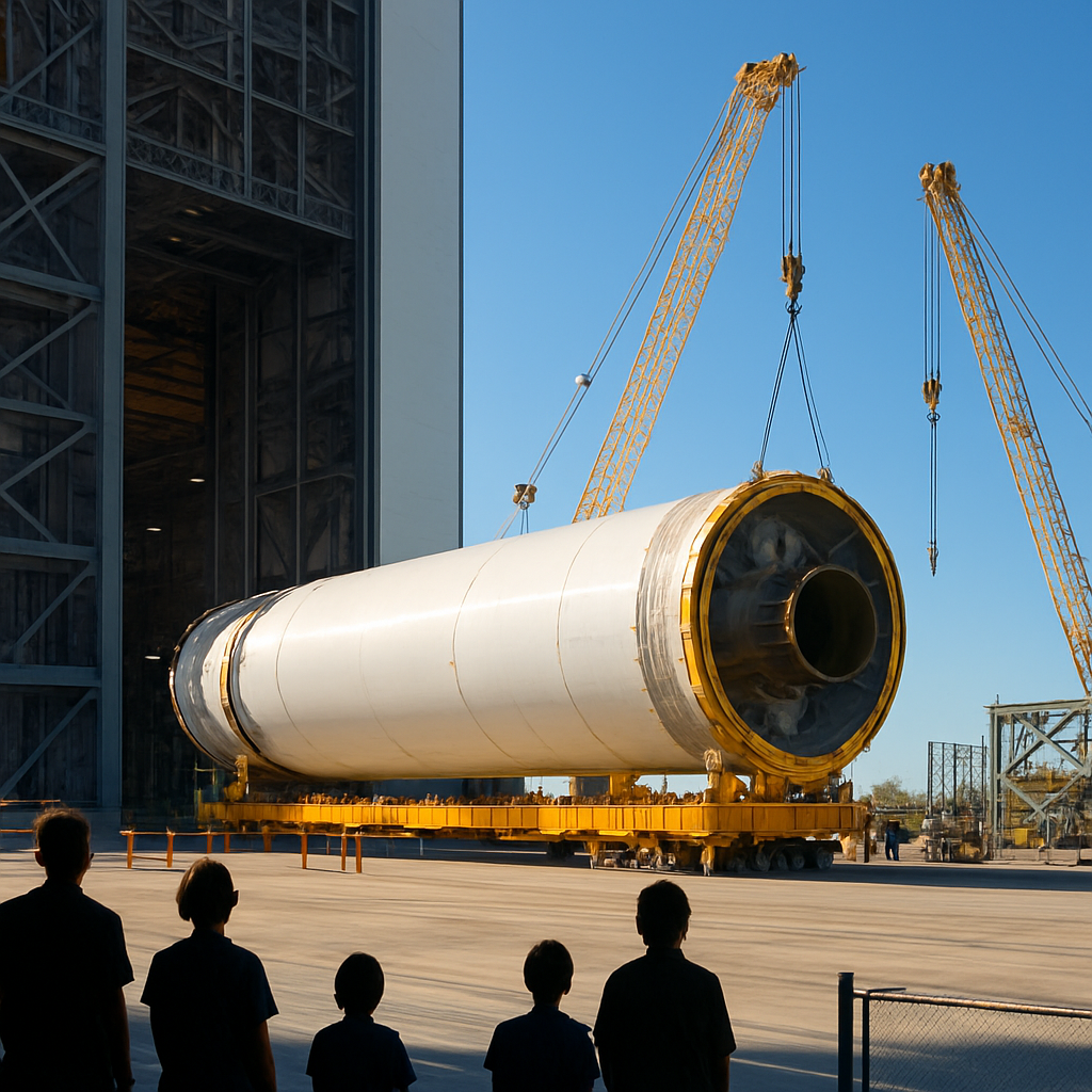 Größter Raketenabschnitt rollt in die Montagehalle.