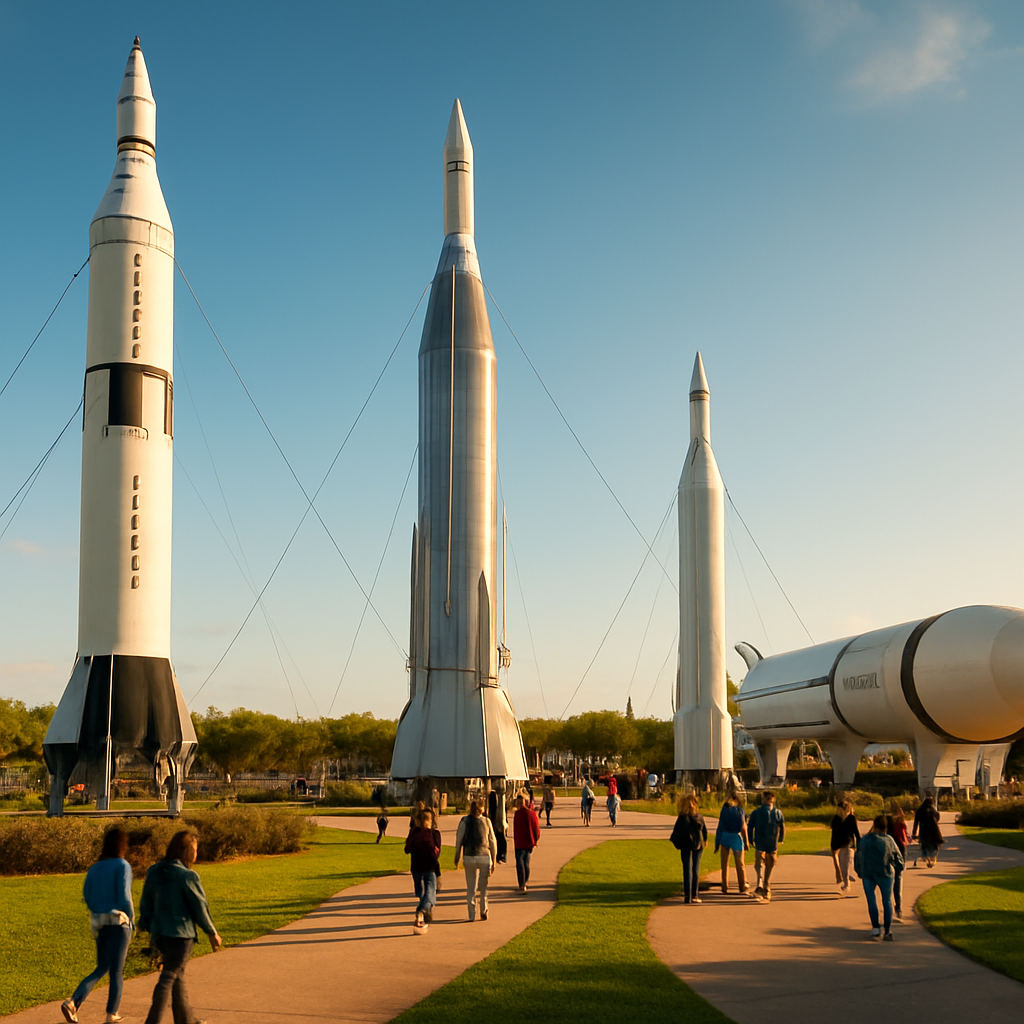 Besucher erkunden Rocket Garden bei milder Frühlingsluft.