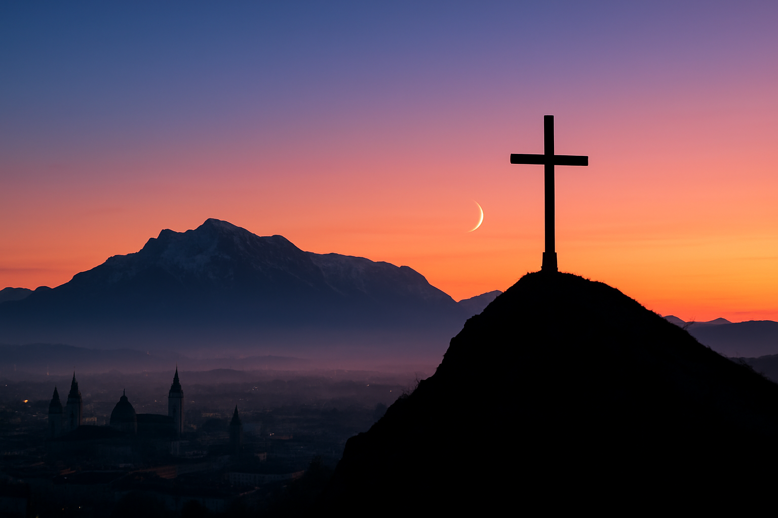 Mond streift Gipfelkreuz am Untersberg: Morgenaufnahme aus Salzburg