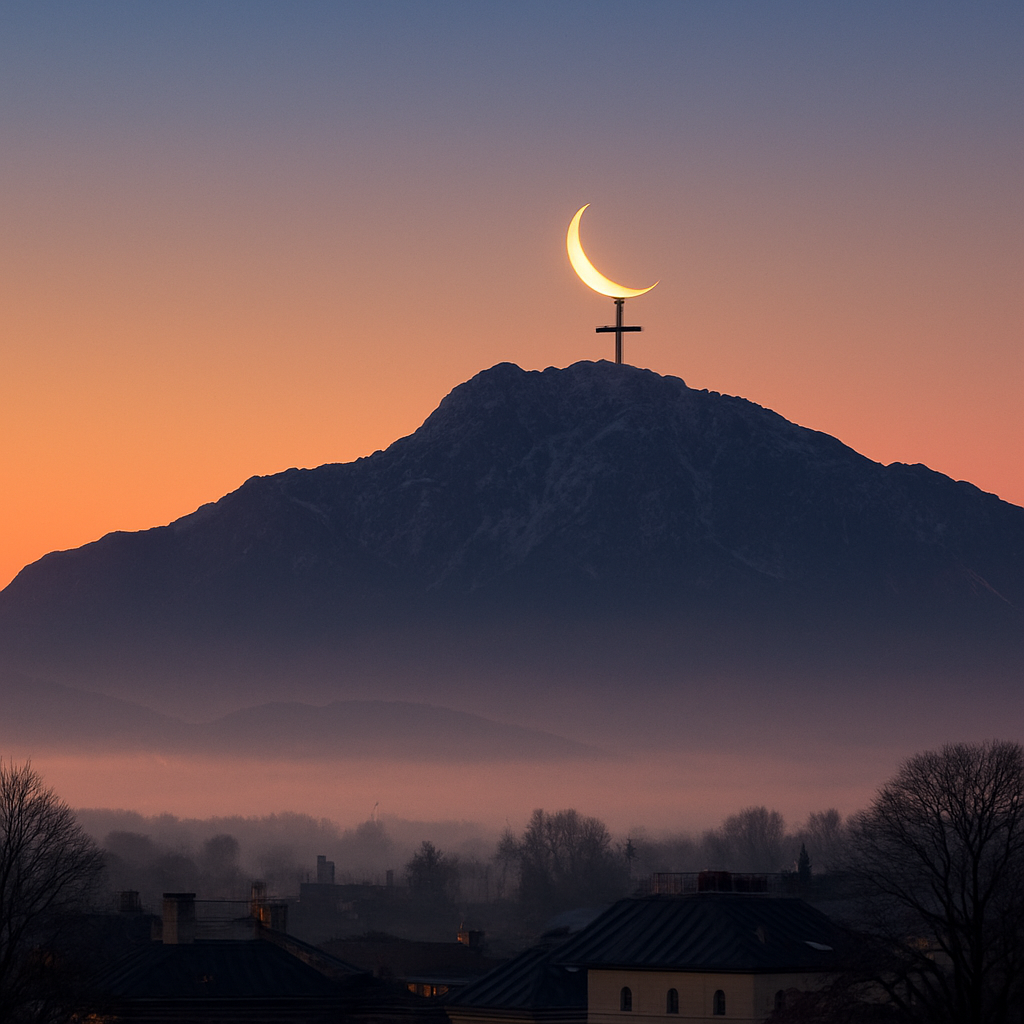 Mond berührt flüchtig das Gipfelkreuz am Untersberg
