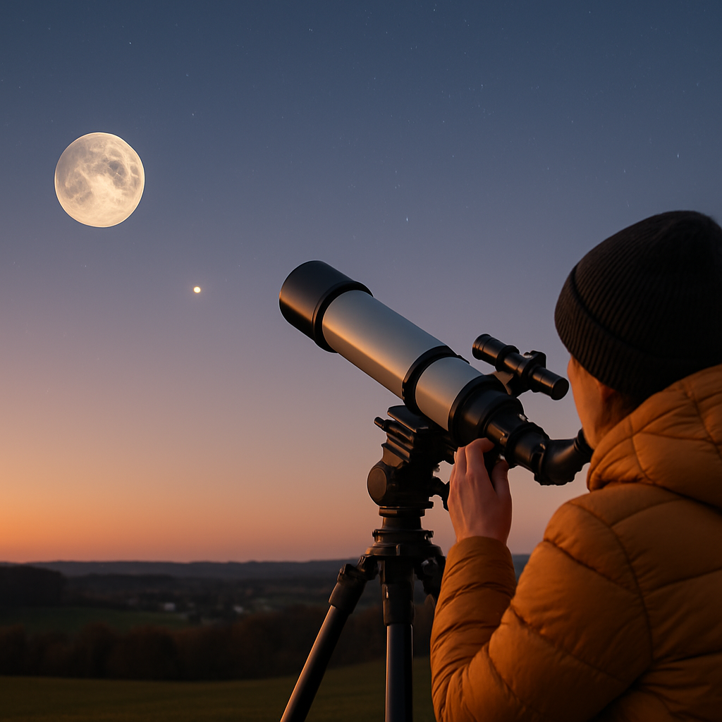 Mond und Venus im Abendlicht über dem Feld.
