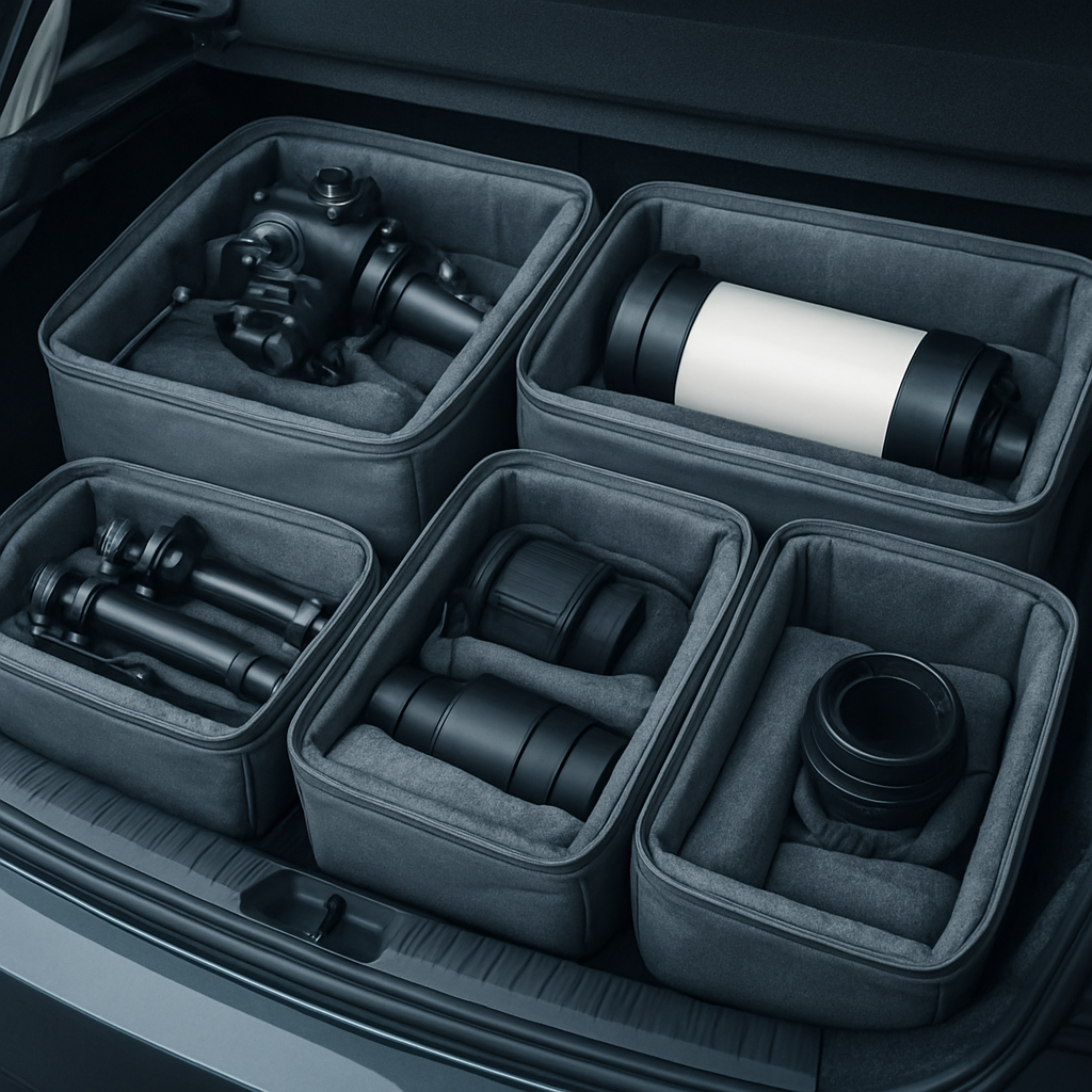 Kofferraum-Layout mit Stativ sicher verpackt