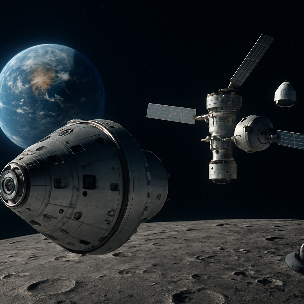 Orion in Mondorbit nahe Gateway; Dragon-Kontext im CCP-Ökosystem