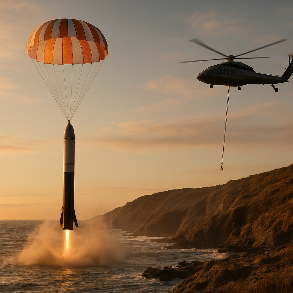 Booster-Rückführung per Helikopter-Einfang im Einsatz