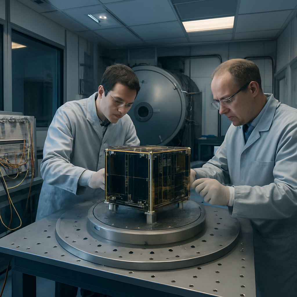 12U-Nanosatellit EQM auf Testplattform im Labor