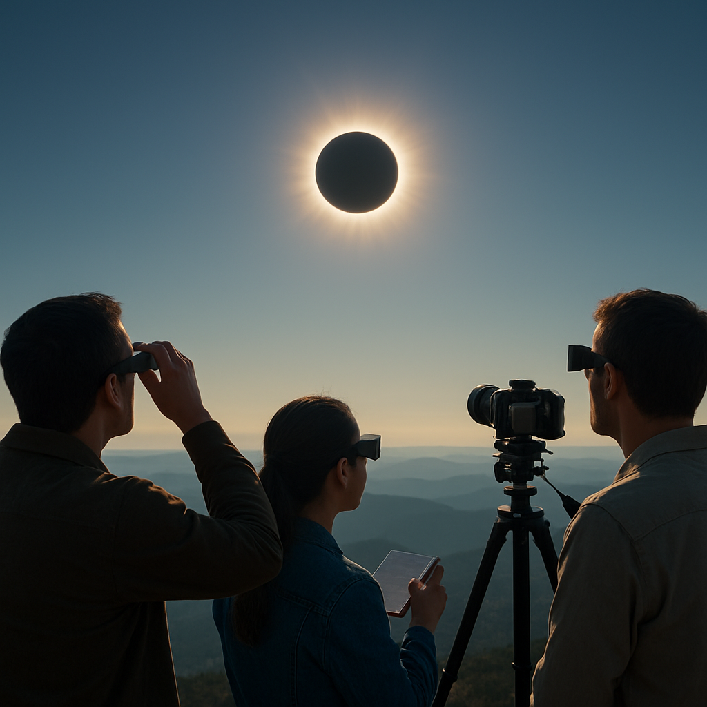 Mond-Sonne-Erde in perfekter Ausrichtung über Landschaft.