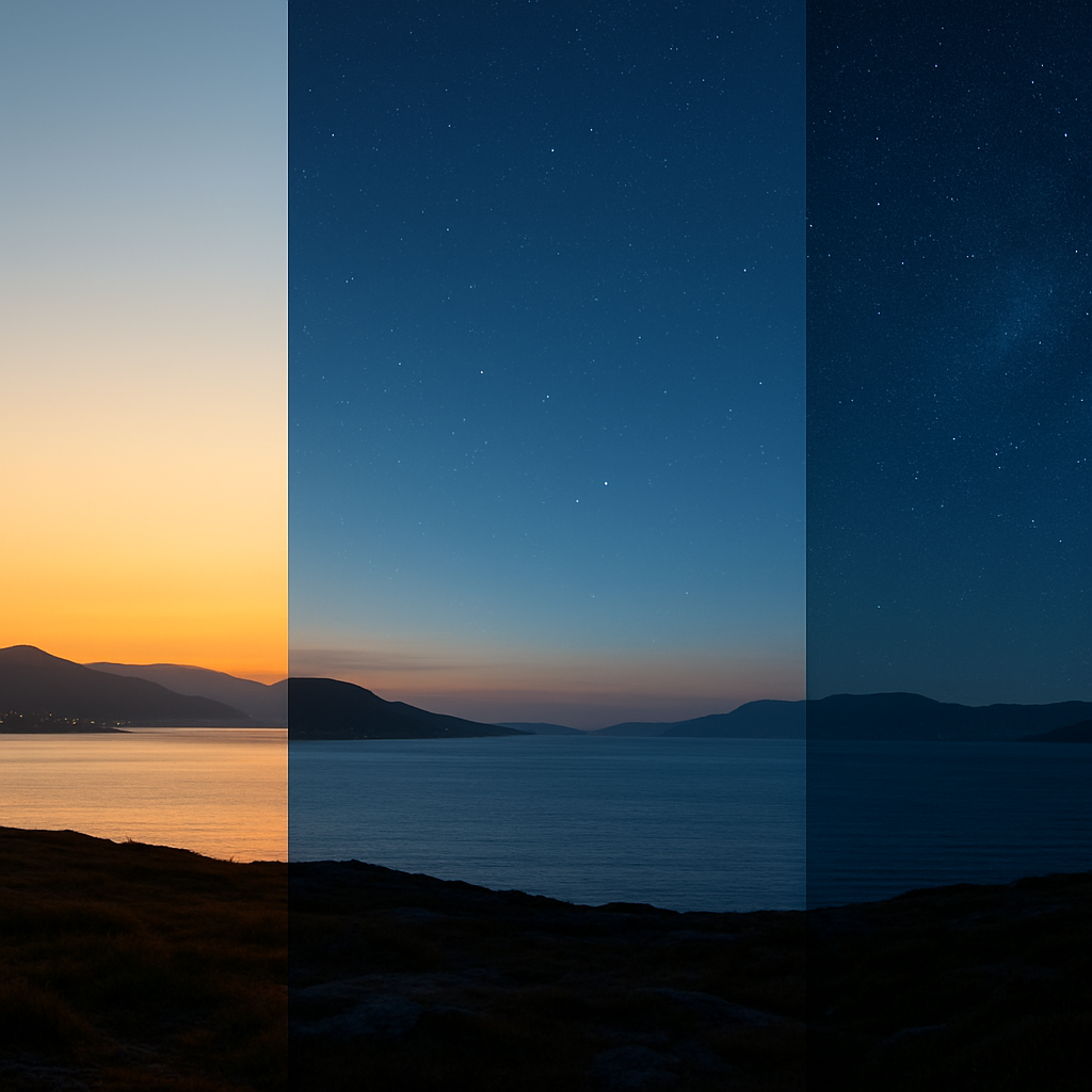 Bürgerliche, Nautische und Astronomische Dämmerung im Vergleich