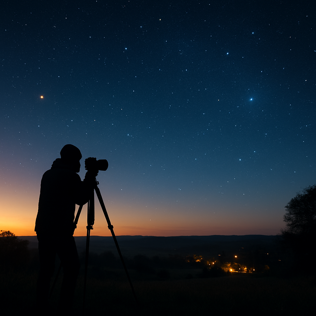 Landschaft bei Blau- und Goldstunde mit Sternenhimmel