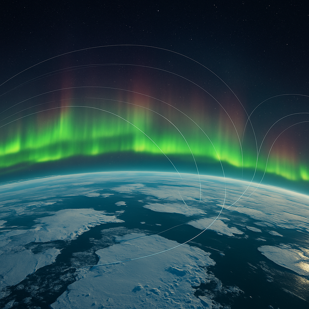 Polarlichter über Antarktis, magnetische Linien sichtbar