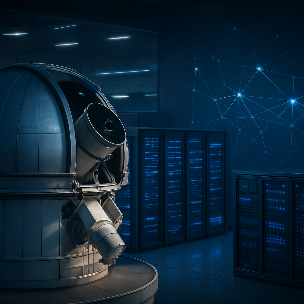 Observatorium, KI-Serverraum und abstraktes Diagramm