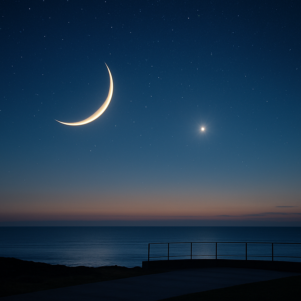 Perlmuttschimmer um Mond und Venus im Dämmerlicht