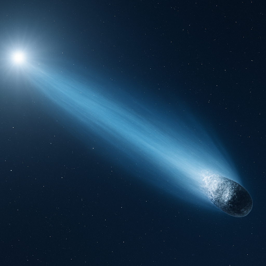 Interstellarer Komet mit schimmerndem Schweif im Weltraum.