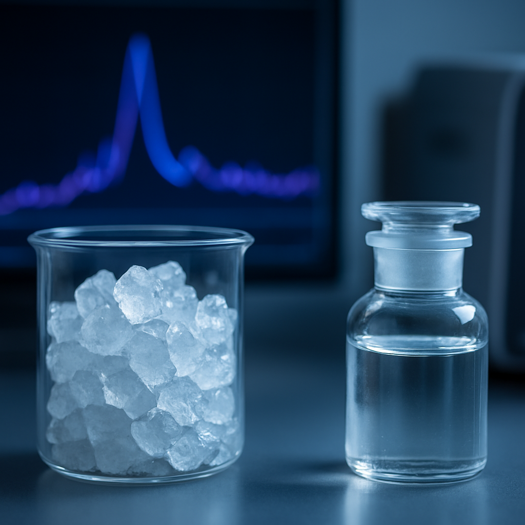 Wasser-Eis-Proben im Labor, Spektralanalyse im Hintergrund.