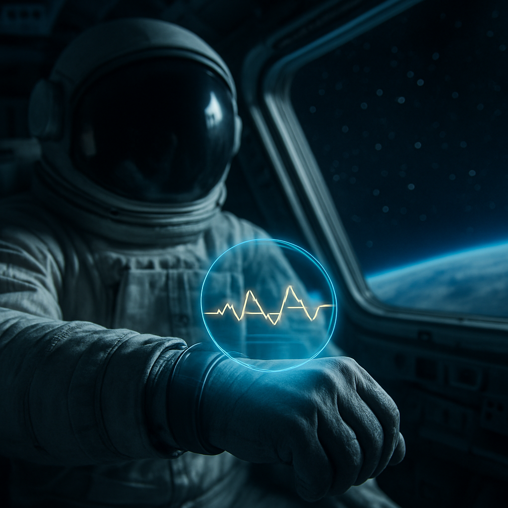 Holografische Zeitlinien am Handgelenk eines Astronauten